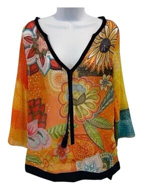 Desigual sheer festive top 3/4 sleeves floral Pom Pom V neckline orange yellow